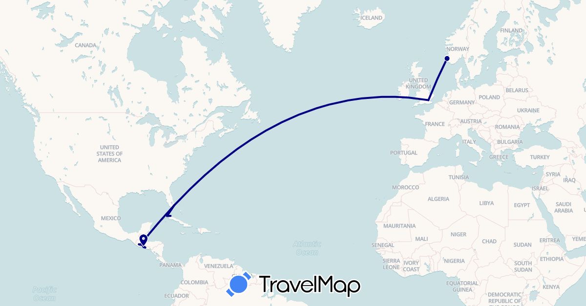 TravelMap itinerary: driving in Cuba, United Kingdom, Guatemala, Norway, El Salvador, United States (Europe, North America)